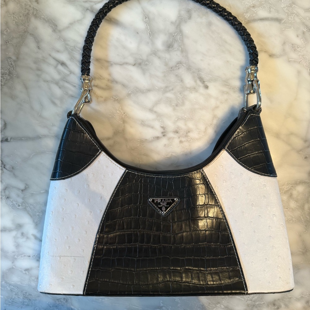 Prada Black and White Croc-Embossed Shoulder Bag